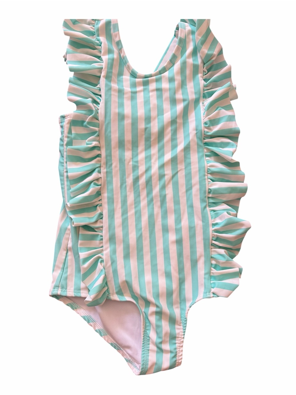 Girls Mint & White Ruffle Stripe One-Piece Swimsuit